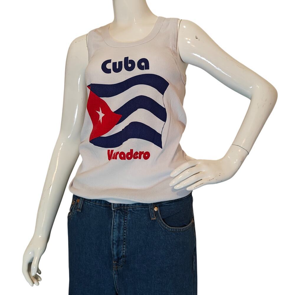 Cuba Varadero Graphic Tank Top White Ribbed Sleeveless Tourist Tee M